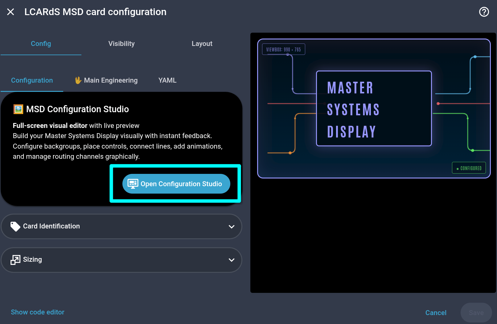 Screenshot: MSD card editor's Configuration tab, showing the "Open Configuration Studio" button