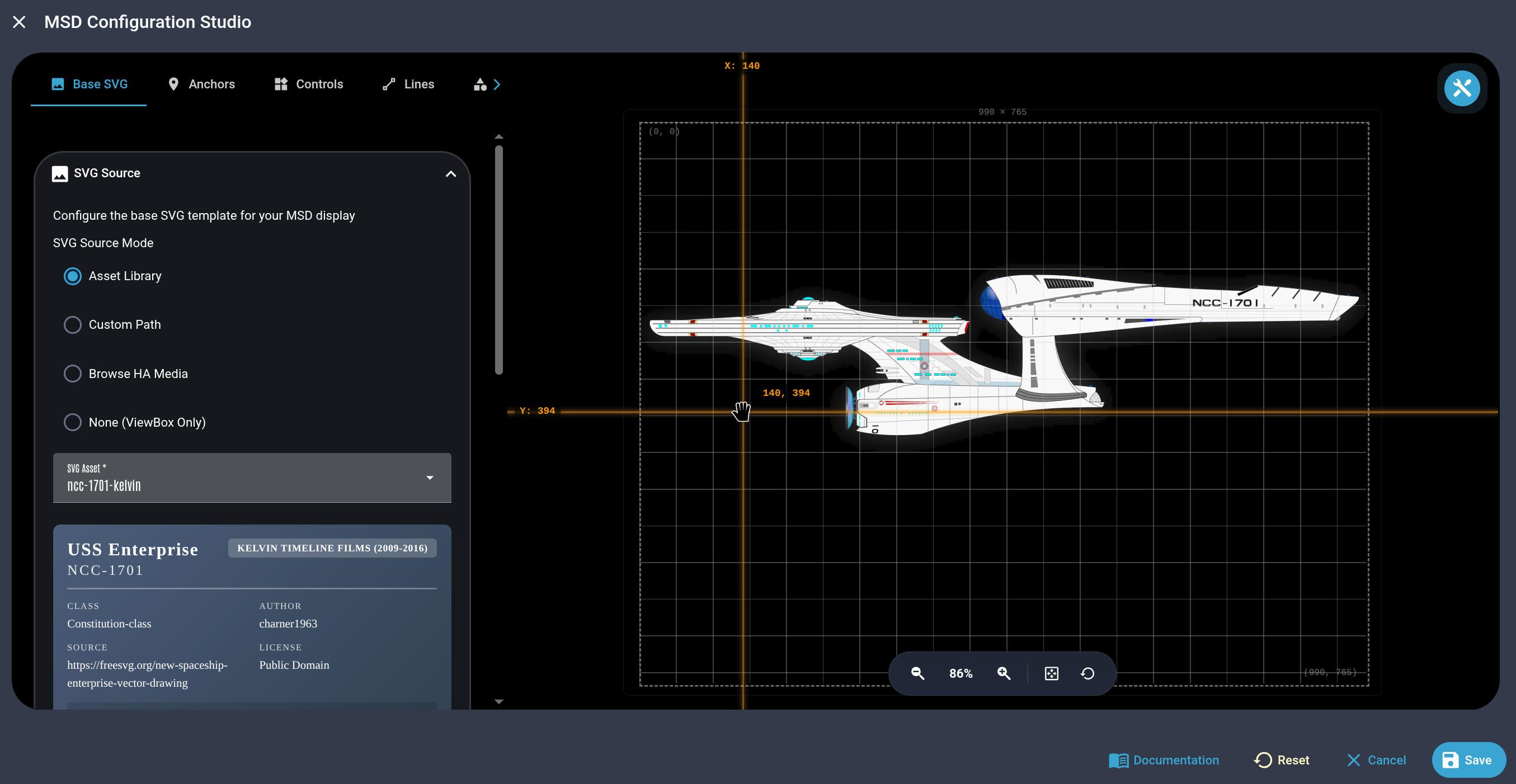 Screenshot: Base SVG tab, Asset Library source mode, a ship selected and visible on the canvas