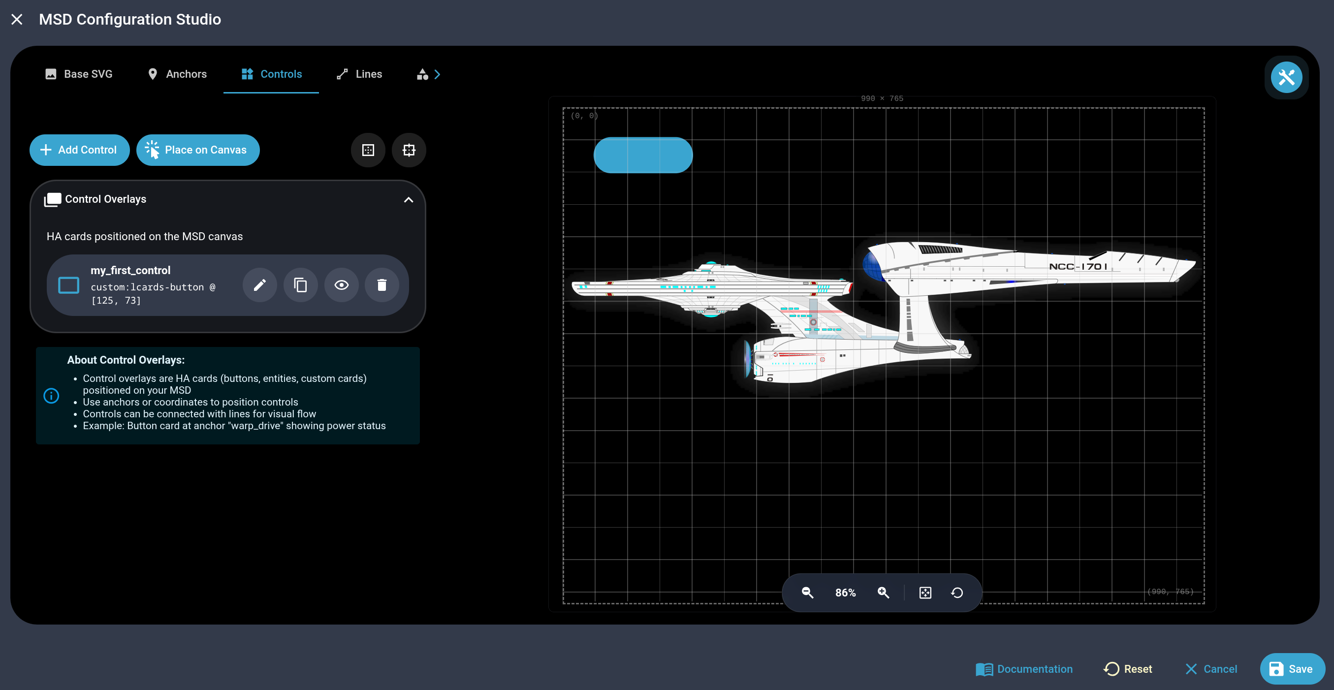 Screenshot: Add Control form, Card tab, a button card configured inside it
