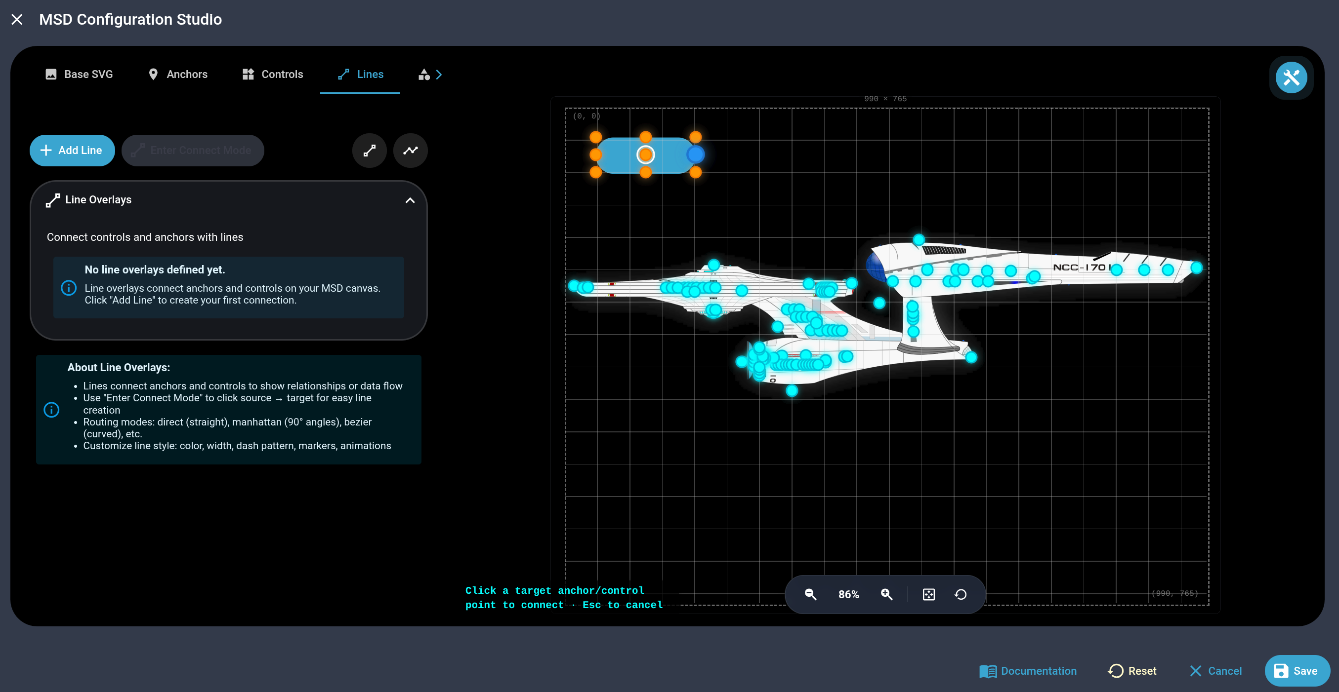 Screenshot: canvas toolbar with "Connect Line" mode active, a line being drawn between two controls