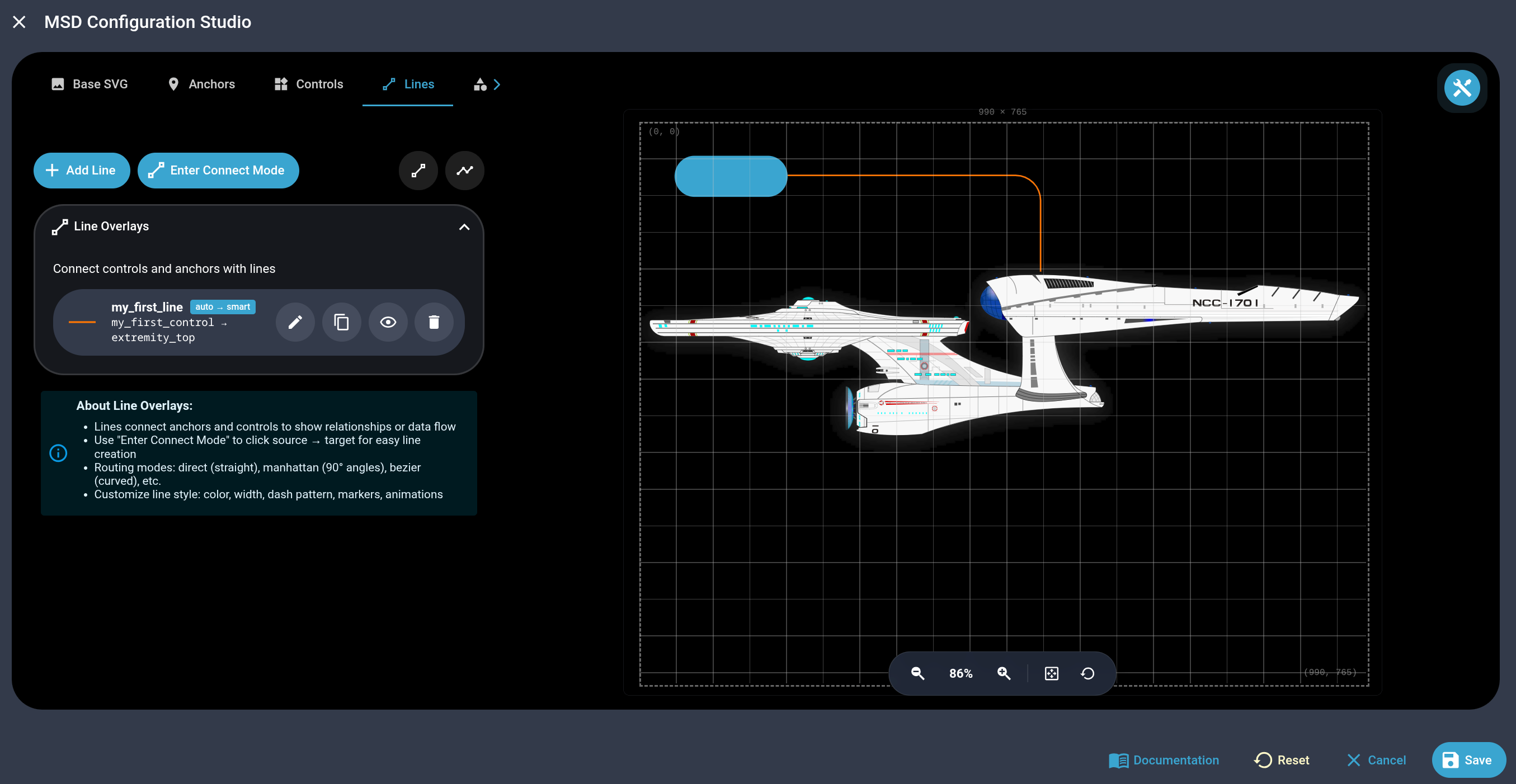 Screenshot: two controls connected by a routed line on the canvas